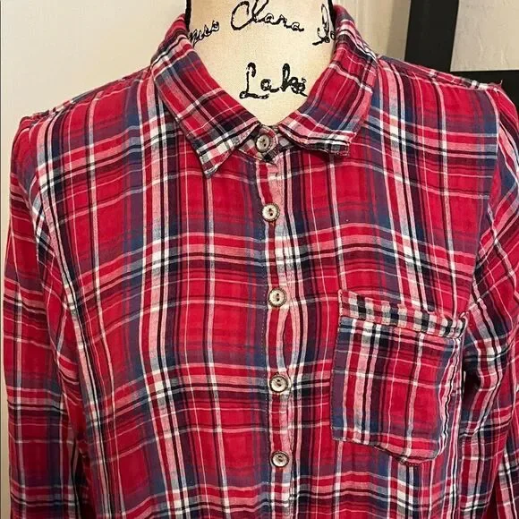 Aratta Silent Journey Red Plaid Floral Design Button-Up Mixed Media Shirt Boho - Picture 3 of 9